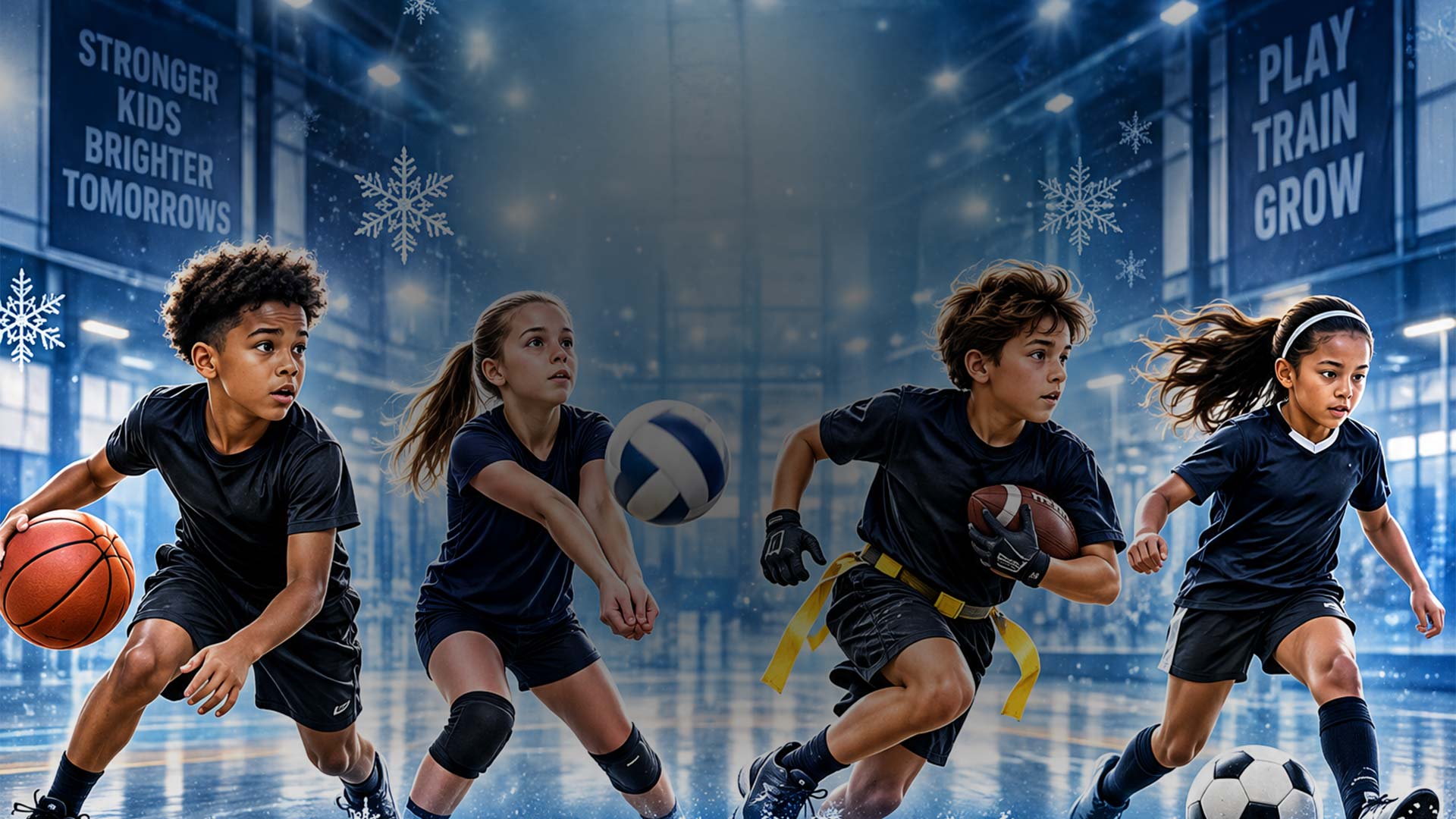 Four children in athletic gear playing basketball, volleyball, football, and soccer indoors. Four children in athletic gear playing basketball, volleyball, football, and soccer indoors.