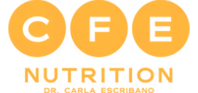 Three orange circles with white letters C, F, E; text below reads Nutrition Dr. Carla Escribano..