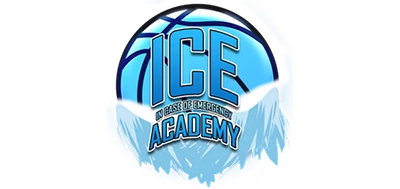 Blue basketball logo with ICE ACADEMY text over ice and a basketball background.