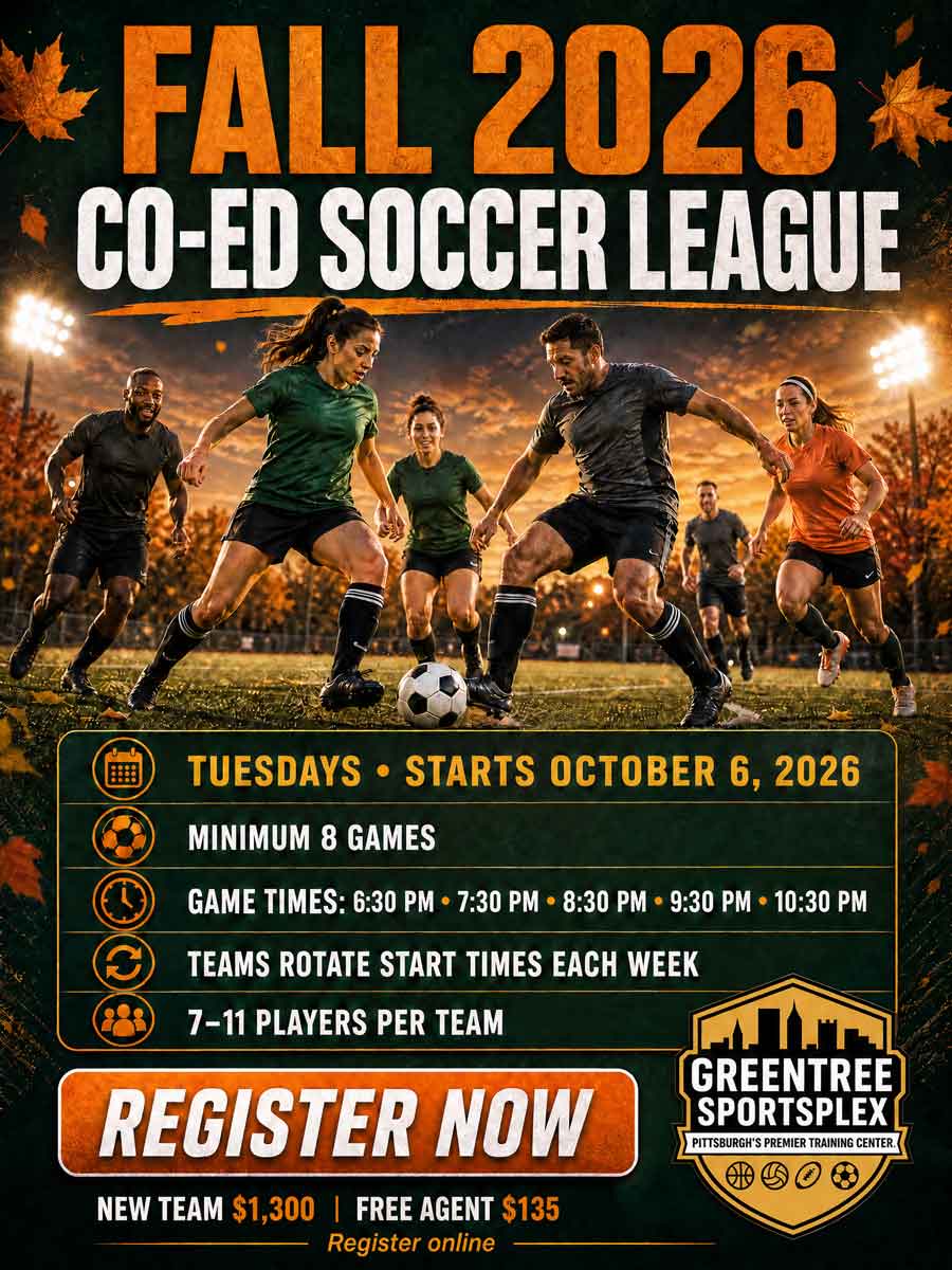 Soccer players compete on a lit field at night, promoting a Fall 2026 co-ed soccer league.