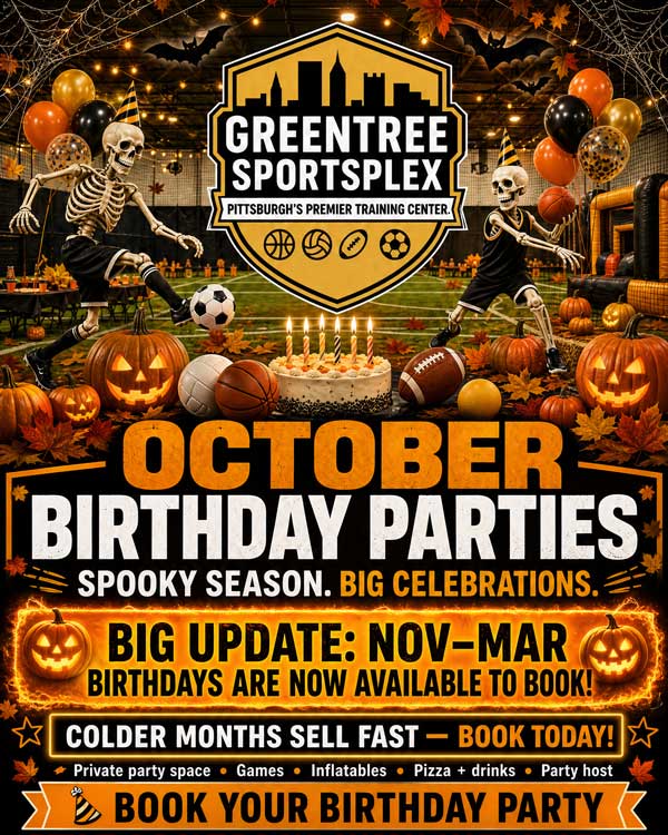 Skeletons in a decorated gym advertise October birthday parties at Greentree Sportsplex.