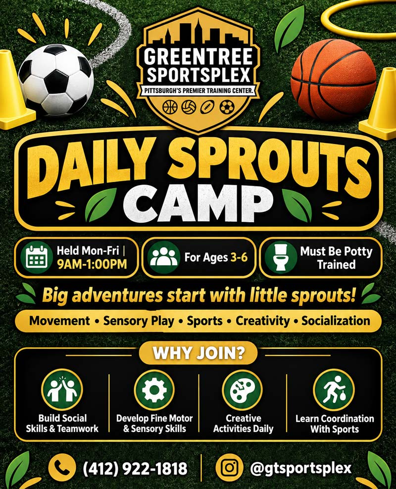 Daily Sprouts Camp flyer for ages 3-6 at Greentree Sportsplex, held weekdays 9am-1pm.