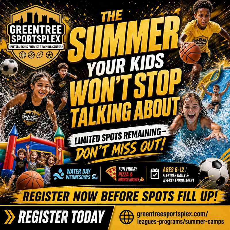 Kids playing sports with text advertising a summer camp at Greentree Sportsplex for ages 6-12.