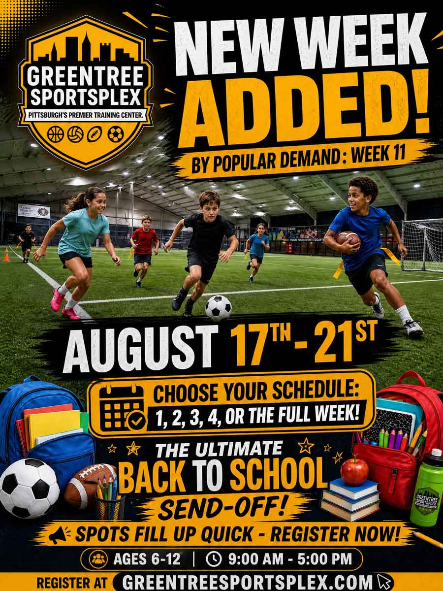 Kids play indoor soccer; text advertises back-to-school sports event at Greentree Sportsplex.