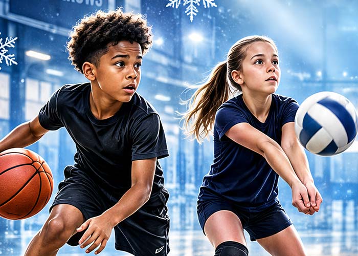 A boy dribbling a basketball and a girl bumping a volleyball at the Pittsburgh sports camp.