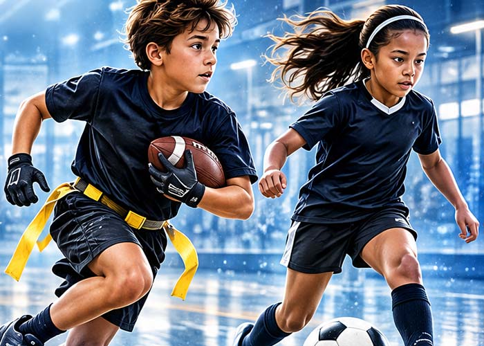A boy and girl running with football and soccer balls at the Winter Break Mini Sports Camp.