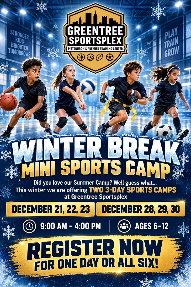 Greentree Sportsplex Winter Break Mini Sports Camp flyer with dates, times, and ages.